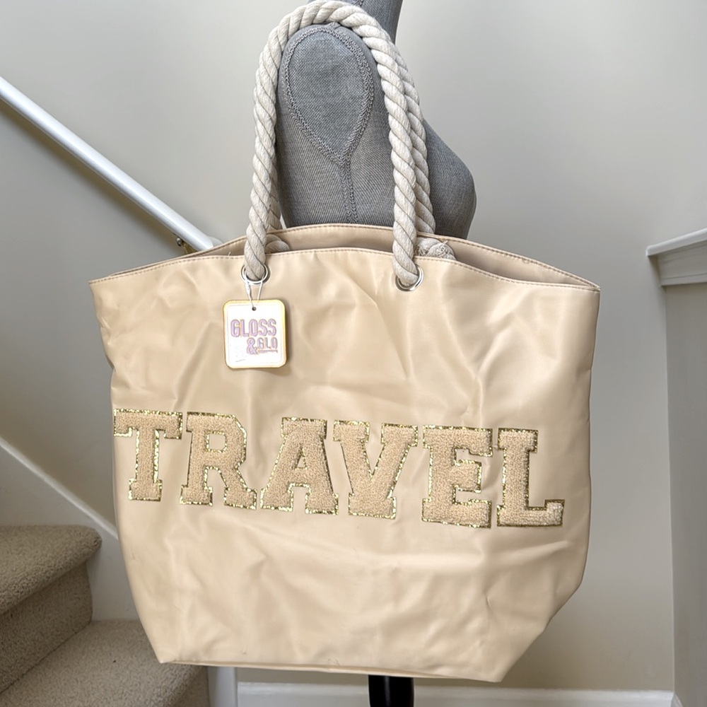 Cream Gloss & Glo Travel Tote Bag.  Soft rope handles.  Sparkle around letters.